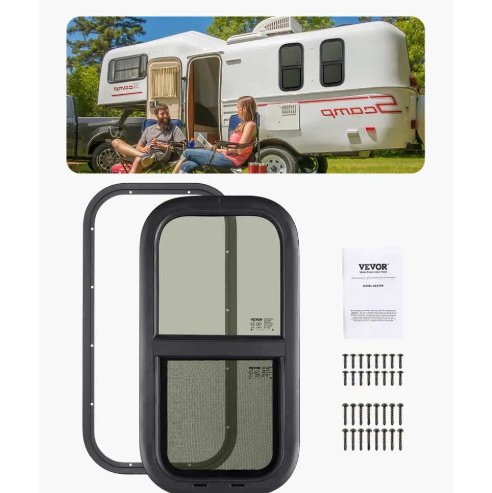 VEVOR Vertical RV Window, 12" W x 24" H Tinted Sliding RV Window with Net Screen & Trim Ring, Fit 15/16" - 1 3/4" Thickness Wall, RV Window Replacement for Teardrop Cargo Trailer Camper, DOT Approved