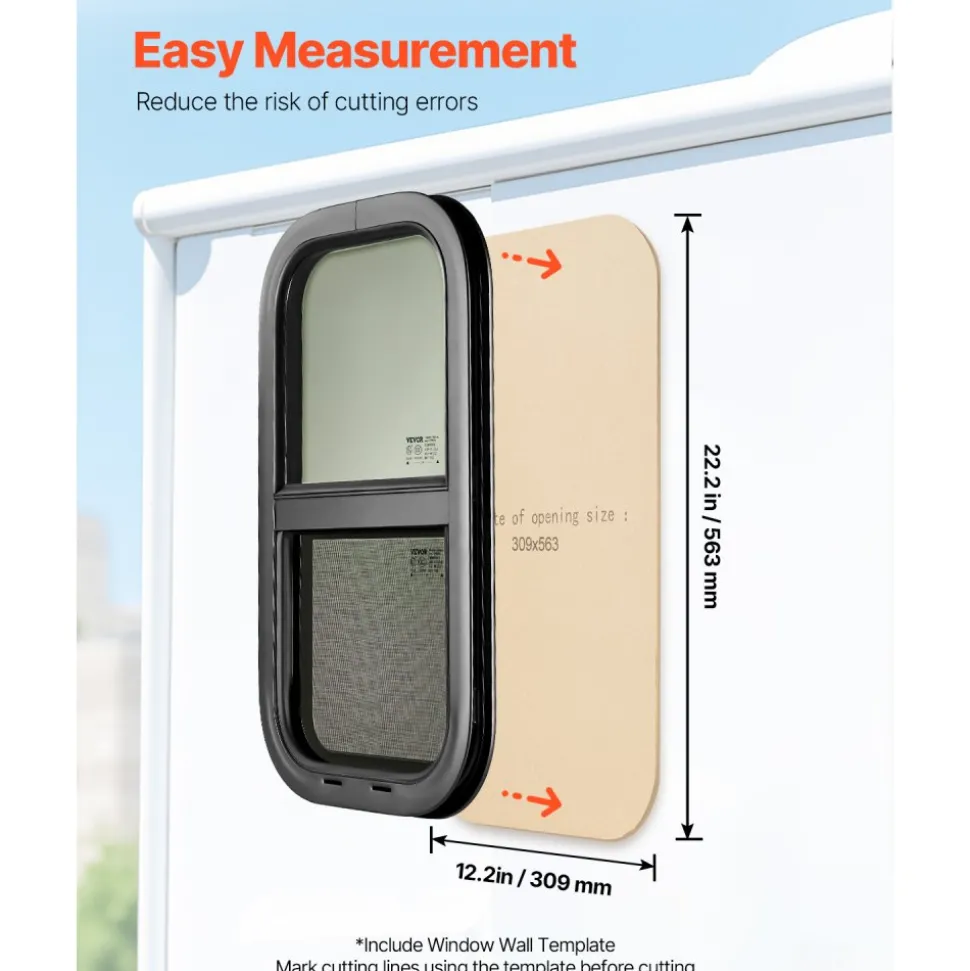 VEVOR Vertical RV Window, 12" W x 22" H Tinted Sliding RV Window with Net Screen & Trim Ring, Fit 15/16" - 1 3/4" Thickness Wall, RV Window Replacement for Teardrop Cargo Trailer Camper, DOT Approved