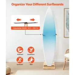 VEVOR Vertical Surfboard Stand, Wooden Surfboard Rack for Storage and Display, Adjustable & Freestanding Board Stand Organizer with Padding, for Wakeboards, Snowboards, Kiteboards, Shortboard, Skis