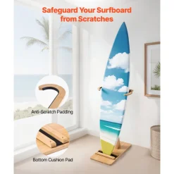 VEVOR Vertical Surfboard Stand, Wooden Surfboard Rack for Storage and Display, Adjustable & Freestanding Board Stand Organizer with Padding, for Wakeboards, Snowboards, Kiteboards, Shortboard, Skis
