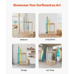 VEVOR Vertical Surfboard Stand, 4 Tiers Wooden Surfboard Rack for Storage and Display, Freestanding Board Stand Organizer, Surf Board Holder for Wakeboards, Snowboards, Kiteboards, Shortboard, Skis