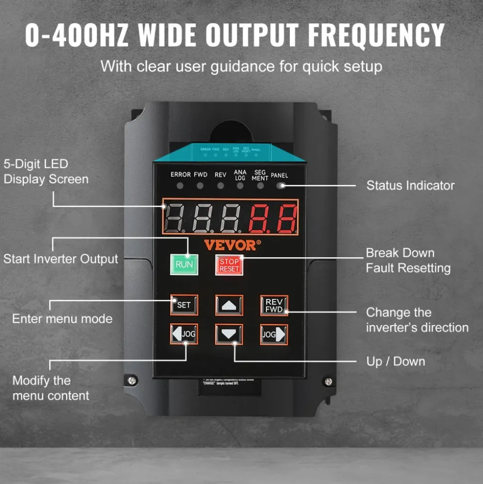 VEVOR VFD 10HP, 7.5KW, 35A, 1 or 3 Phase 220V Input to 3 Phase 220V Output Variable Frequency Drive, 40-60Hz Input, 0-400Hz Output VFD for Spindle Motor CNC Speed Control