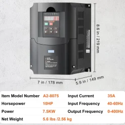 VEVOR VFD 10HP, 7.5KW, 35A, 1 or 3 Phase 220V Input to 3 Phase 220V Output Variable Frequency Drive, 40-60Hz Input, 0-400Hz Output VFD for Spindle Motor CNC Speed Control