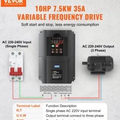 VEVOR VFD 10HP, 7.5KW, 35A, 1 or 3 Phase 220V Input to 3 Phase 220V Output Variable Frequency Drive, 40-60Hz Input, 0-400Hz Output VFD for Spindle Motor CNC Speed Control