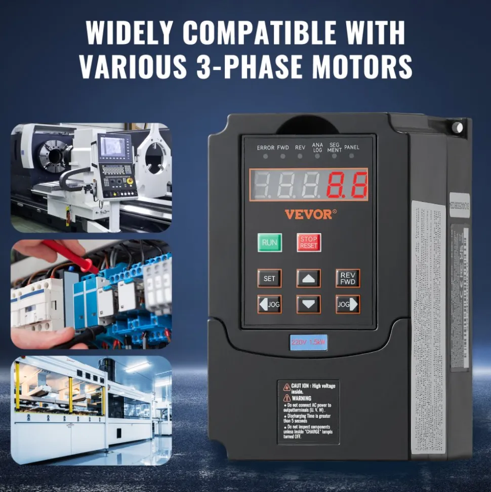 VEVOR VFD 2HP, 1.5KW, 7.5A, 1 or 3 Phase 220V Input to 3 Phase 220V Output Variable Frequency Drive, 40-60Hz Input, 0-400Hz Output VFD for Spindle Motor CNC Speed Control