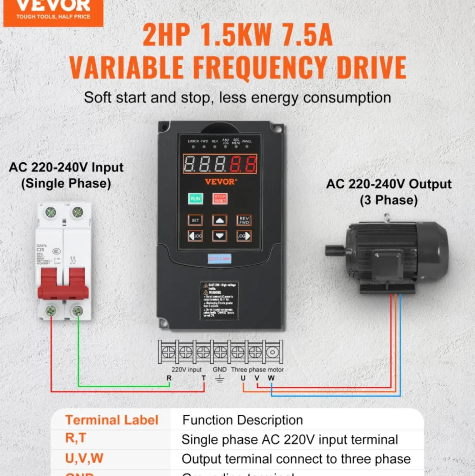 VEVOR VFD 2HP, 1.5KW, 7.5A, 1 or 3 Phase 220V Input to 3 Phase 220V Output Variable Frequency Drive, 40-60Hz Input, 0-400Hz Output VFD for Spindle Motor CNC Speed Control