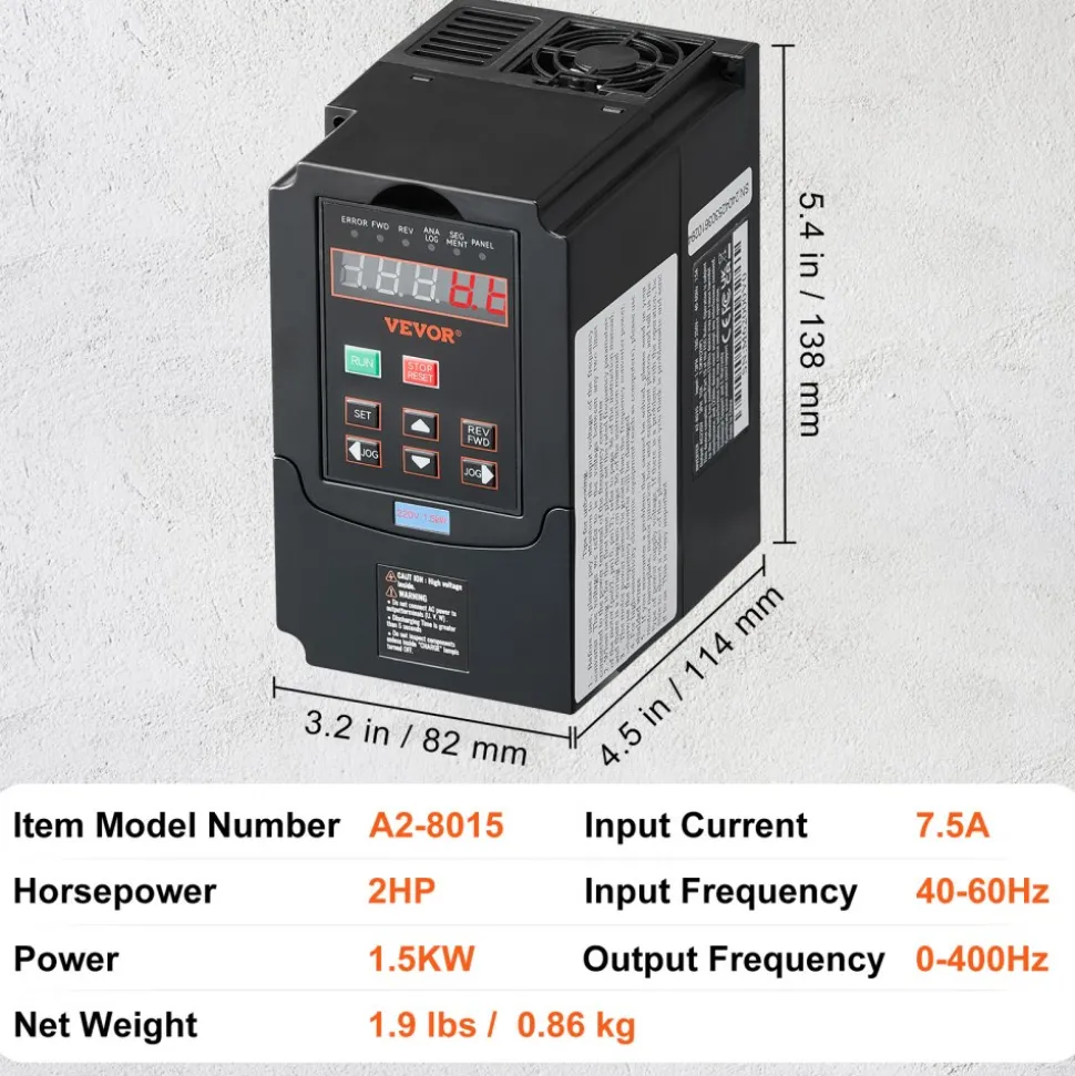 VEVOR VFD 2HP, 1.5KW, 7.5A, 1 or 3 Phase 220V Input to 3 Phase 220V Output Variable Frequency Drive, 40-60Hz Input, 0-400Hz Output VFD for Spindle Motor CNC Speed Control