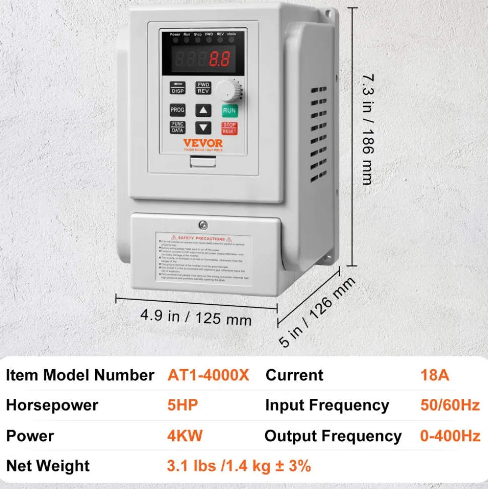 VEVOR VFD 5HP, 4KW, 18A, 1 Phase 220V-240V Input to 3 Phase 220V-240V Output Variable Frequency Drive, 0-400Hz VFD for AC Motor Speed Control