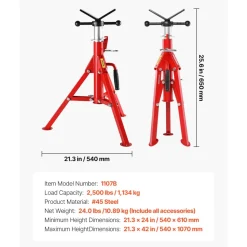 VEVOR V Head Pipe Stand 1/8-12 inch Capacity, 24-42 inch Adjustable Height, 2500 lbs Load Capacity Pipe Stands, Portable Folding Support Stands for Piping Applications