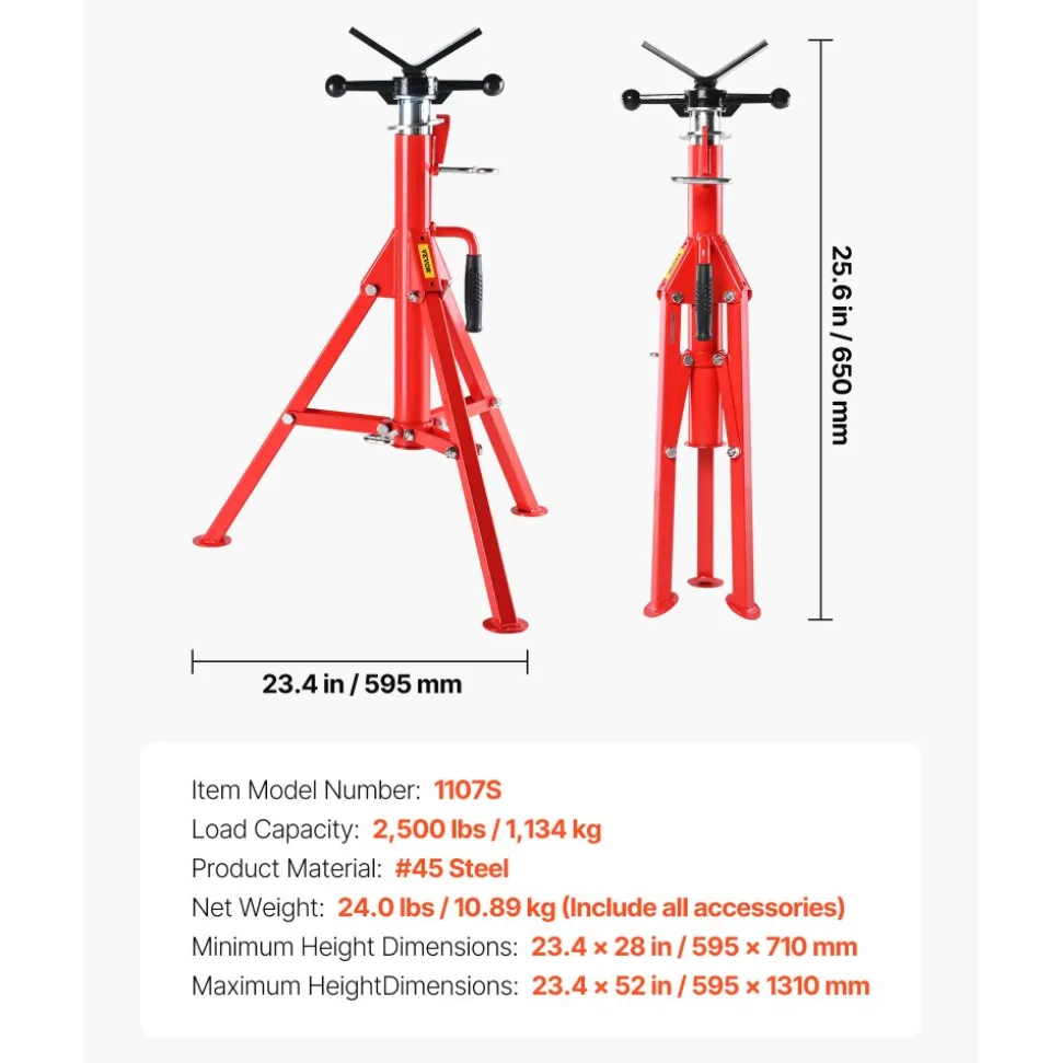 VEVOR V Head Pipe Stand 1/8-12 inch Capacity, Adjustable Height 28-52 inch, Pipe Stands 2500 lbs Load Capacity, Portable Folding Pipe Stands, Carbon Steel Body More Durable