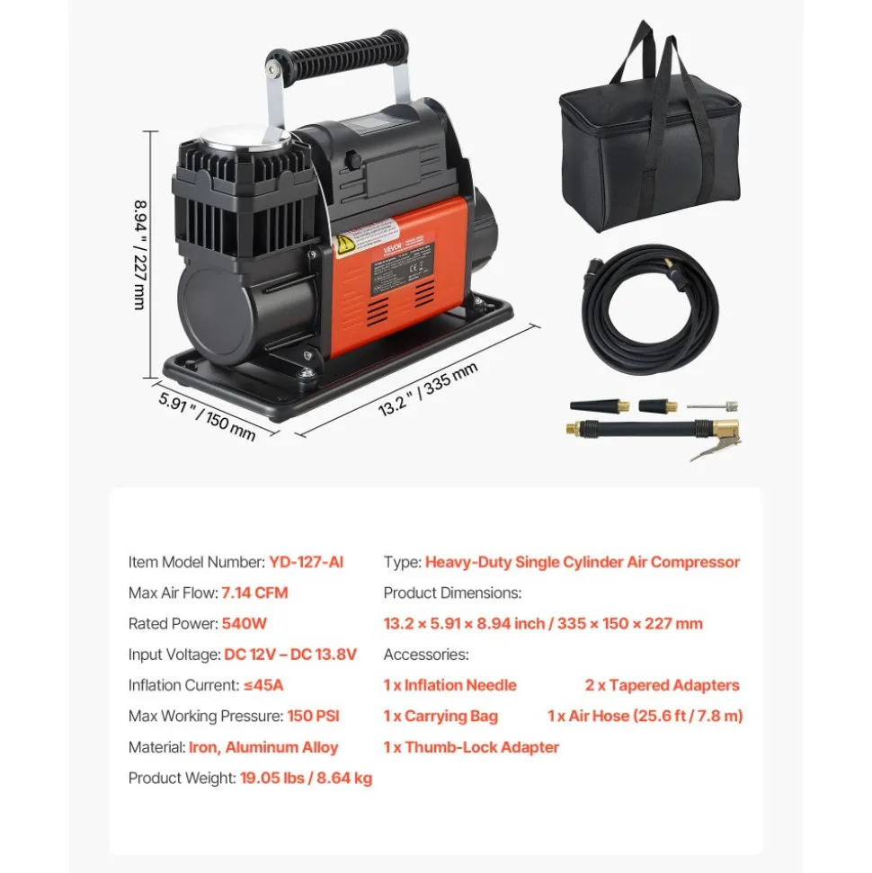 VEVOR 12V Heavy Duty Air Compressor, Auto-Stop Portable Tire Inflator with LCD Digital Display, 7.14 CFM 150PSI Offroad Air Pump with Adapters for Trucks Car SUV 4 x 4 Vehicle RV