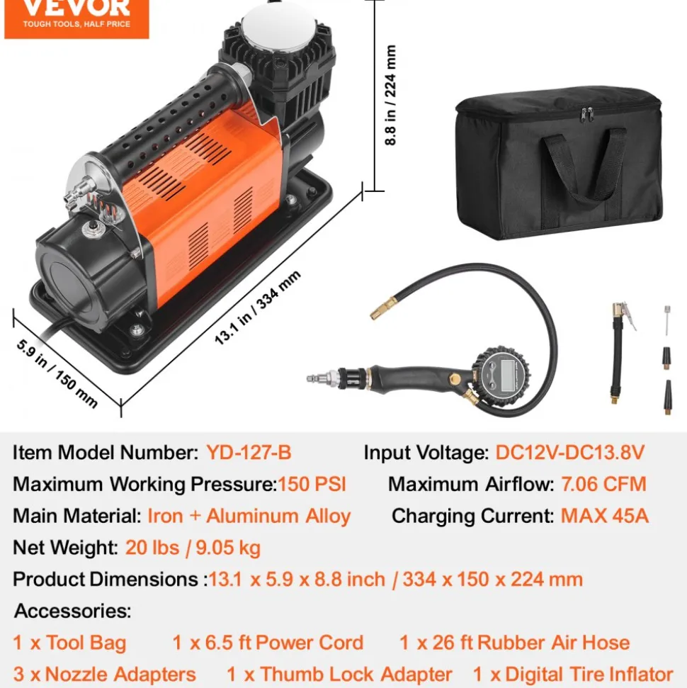 VEVOR 12V Heavy Duty Air Compressor - with Digital Pressure Gauge Tire Inflator Kit, 7.06 CFM Portable Tire Inflator, 150PSI Offroad Air Pump with Adapters for Trucks Car SUV 4 x 4 Vehicle RV