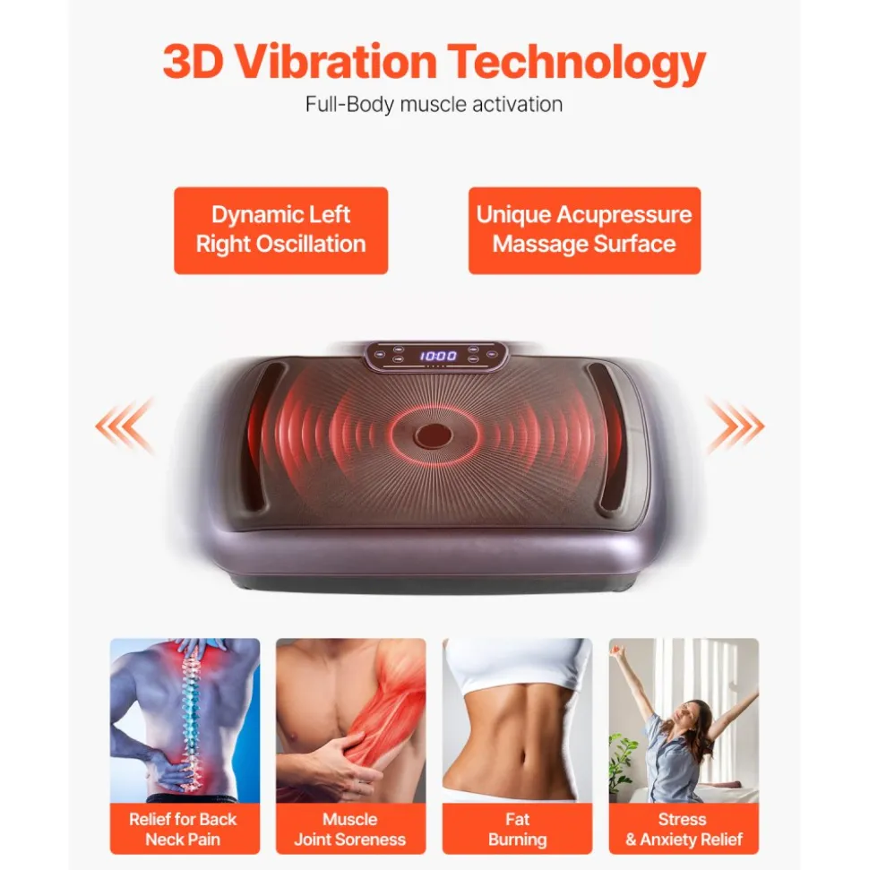 VEVOR Vibration Plate Exercise Machine, Full Body Vibrating Platform for Lymphatic Drainage and Weight Loss, Home Workout Fitness Equipment with 2 Resistance Bands, Body Shaker for Women Men, Black