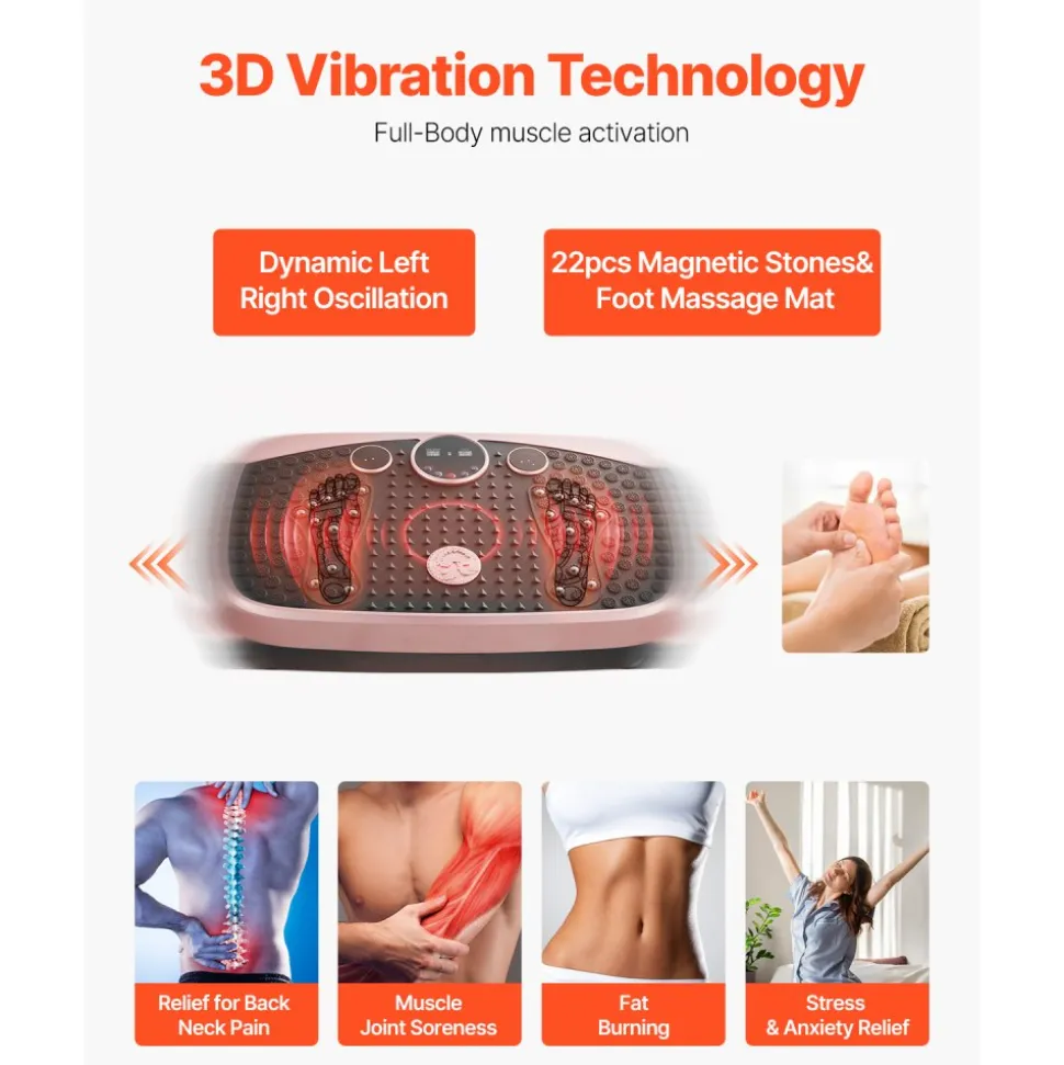 VEVOR Vibration Plate Exercise Machine, Whole Body Shaker with Magnetic Acupoints for Lymphatic Drainage and Weight Loss, Home Workout Gym Fitness Equipment with 2 Resistance Bands for Women Men, Pink
