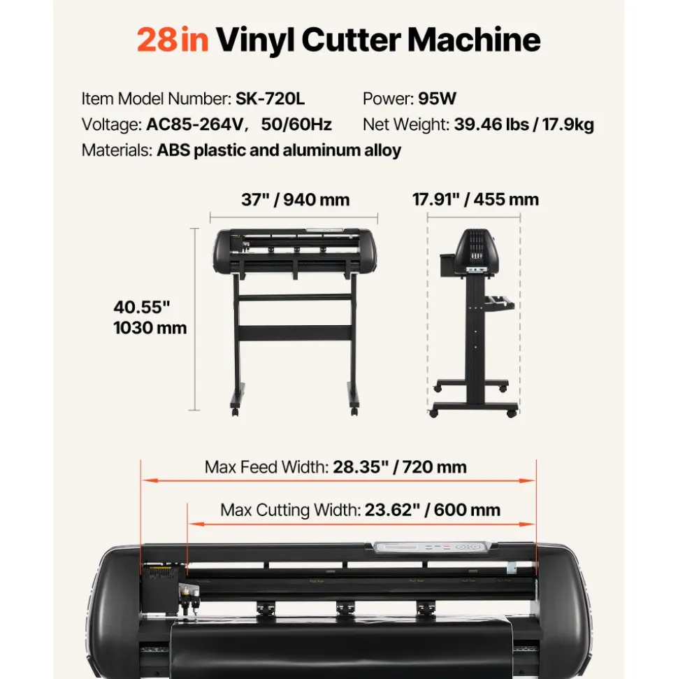 VEVOR Vinyl Cutter Machine, 28 inch Max Feed Width, Dual Blades, Adjustable Force and Speed, LED Display, Vinyl Plotter Cutter Printer Bundle with Sticker Sheets, Transfer Film, Signmaster Software