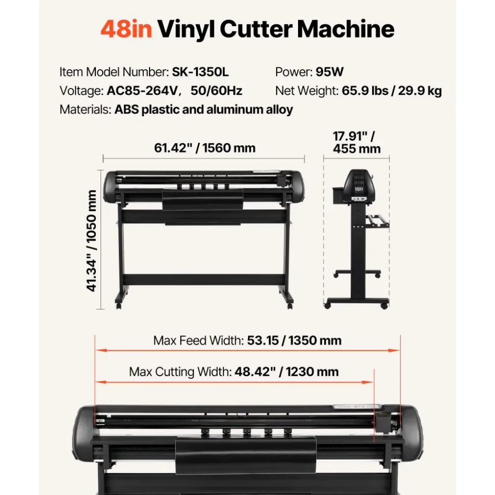 VEVOR Vinyl Cutter Machine, 53 inch Max Feed Width, Dual Blades, Adjustable Force and Speed, LED Display, Vinyl Plotter Cutter Printer Bundle with Sticker Sheets, Transfer Film, Signmaster Software