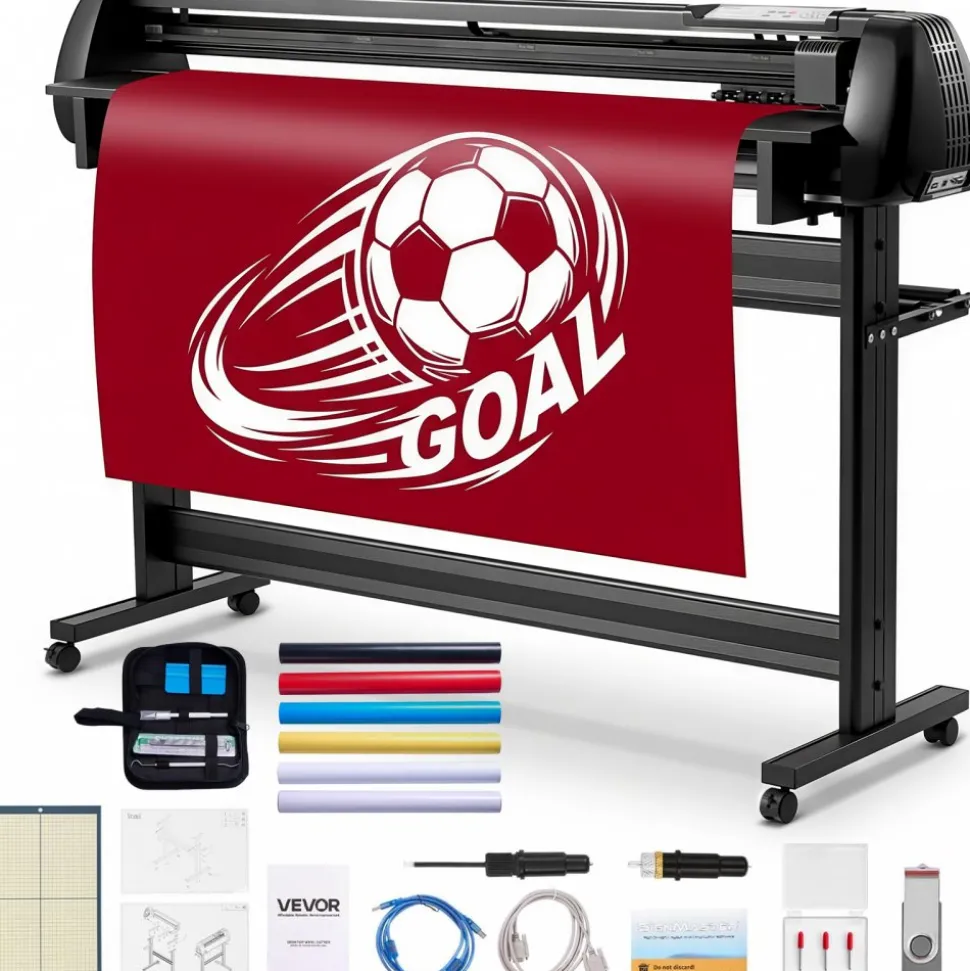 VEVOR Vinyl Cutter Machine, 53 inch Max Feed Width, Dual Blades, Adjustable Force and Speed, LED Display, Vinyl Plotter Cutter Printer Bundle with Sticker Sheets, Transfer Film, Signmaster Software