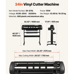 VEVOR Vinyl Cutter Machine, 34 inch Max Feed Width, Dual Blades, Adjustable Force and Speed, LED Display, Vinyl Plotter Cutter Printer Bundle with Sticker Sheets, Transfer Film, Signmaster Software
