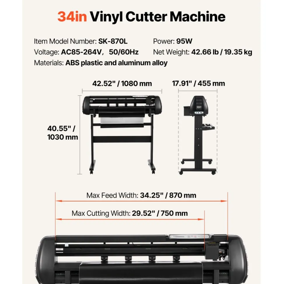 VEVOR Vinyl Cutter Machine, 34 inch Max Feed Width, Dual Blades, Adjustable Force and Speed, LED Display, Vinyl Plotter Cutter Printer Bundle with Sticker Sheets, Transfer Film, Signmaster Software