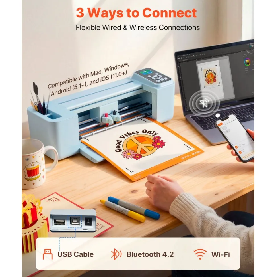 VEVOR Vinyl Cutting Machine, 12 in, Button and Screen Controlled Vinyl Cutter, 20000+ Built-in Design Resources, Compatible with Mac, Windows, Android and iOS, for Creating Customized Crafts Cards