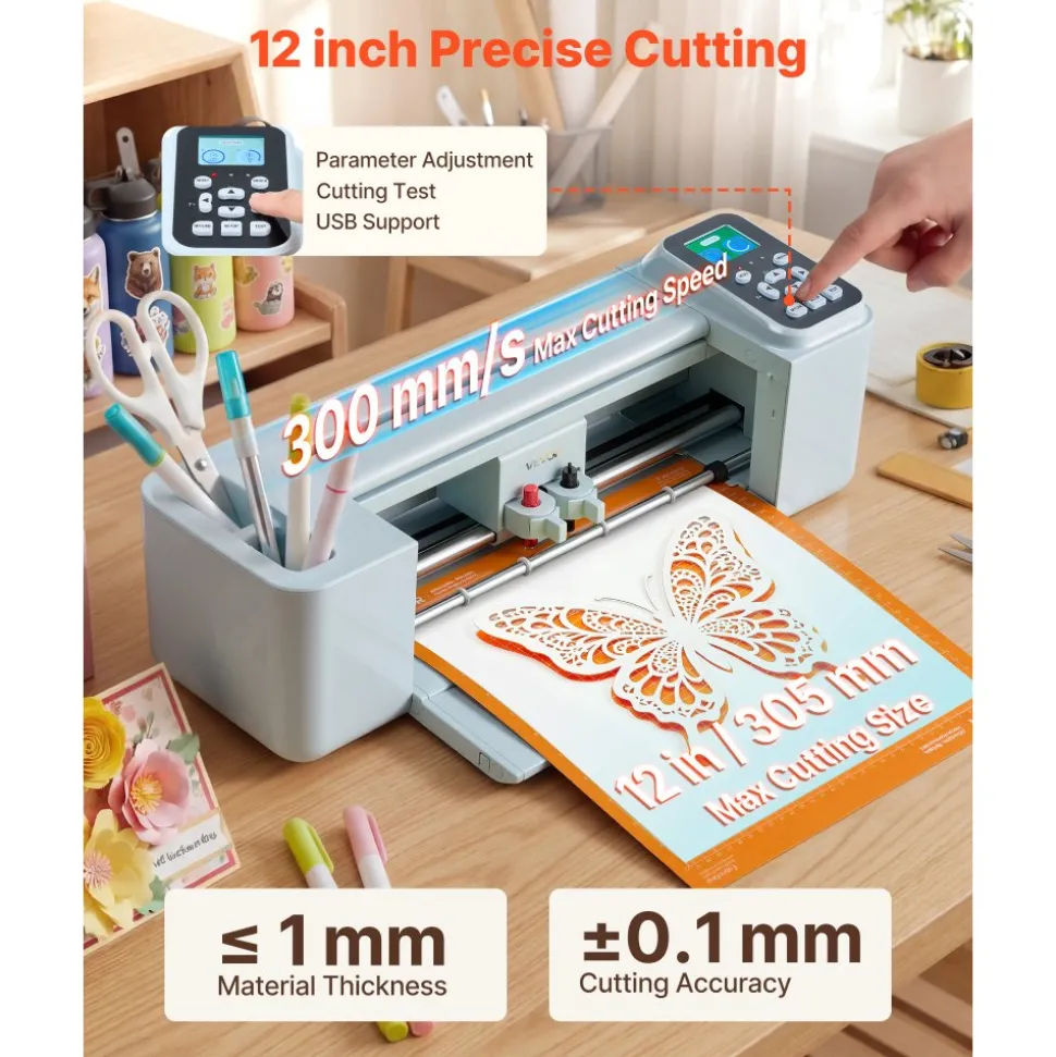 VEVOR Vinyl Cutting Machine, 12 in, Button and Screen Controlled Vinyl Cutter, 20000+ Built-in Design Resources, Compatible with Mac, Windows, Android and iOS, for Creating Customized Crafts Cards