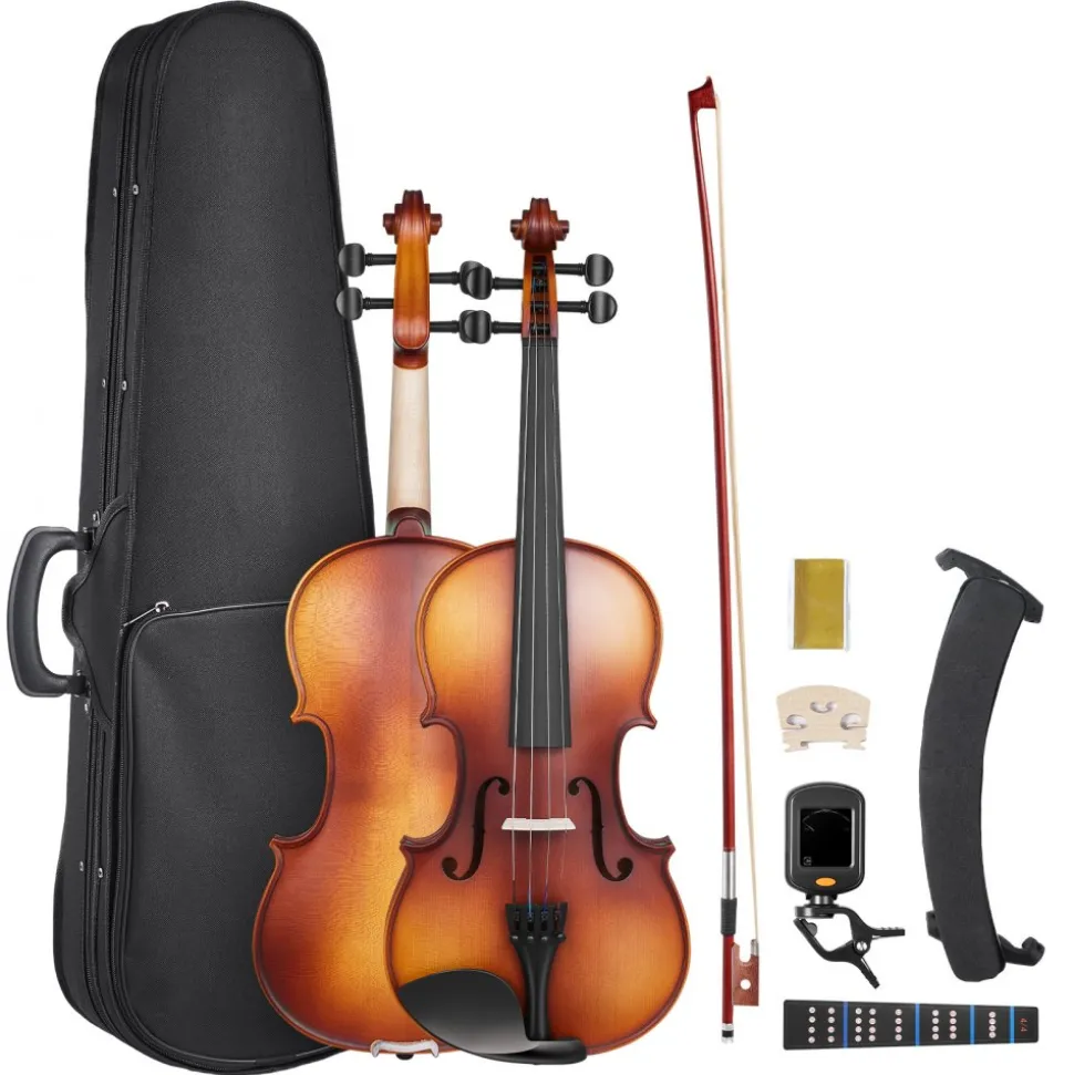 VEVOR Violin 4/4 Full Size for Adults, Violin Fiddle Set for Beginners Student with Hard Case, Rosin, Bow, Shoulder Rest,Bridge,Extra Strings,Professional Solidwood Instrument (Matte Brown)