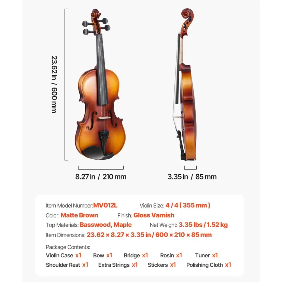VEVOR Violin 4/4 Full Size for Adults, Violin Fiddle Set for Beginners Student with Hard Case, Rosin, Bow, Shoulder Rest,Bridge,Extra Strings,Professional Solidwood Instrument (Matte Brown Patterned)