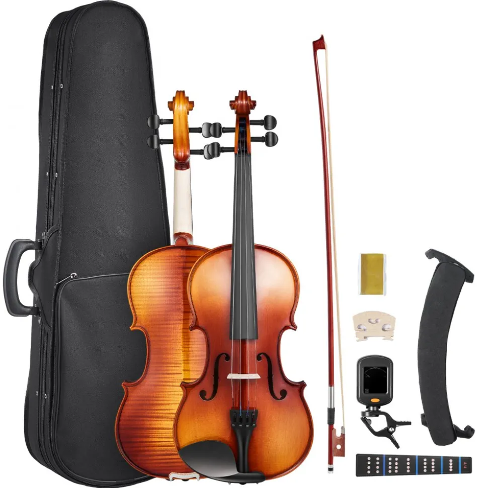 VEVOR Violin 4/4 Full Size for Adults, Violin Fiddle Set for Beginners Student with Hard Case,Rosin, Bow,Shoulder Rest,Bridge,Extra Strings,Professional Solidwood Instrument (Glossy Brown Patterned)
