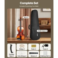 VEVOR Violin 4/4 Full Size for Adults, Violin Fiddle Set for Beginners Student with Hard Case,Rosin, Bow,Shoulder Rest,Bridge,Extra Strings,Professional Solidwood Instrument (Glossy Brown Patterned)