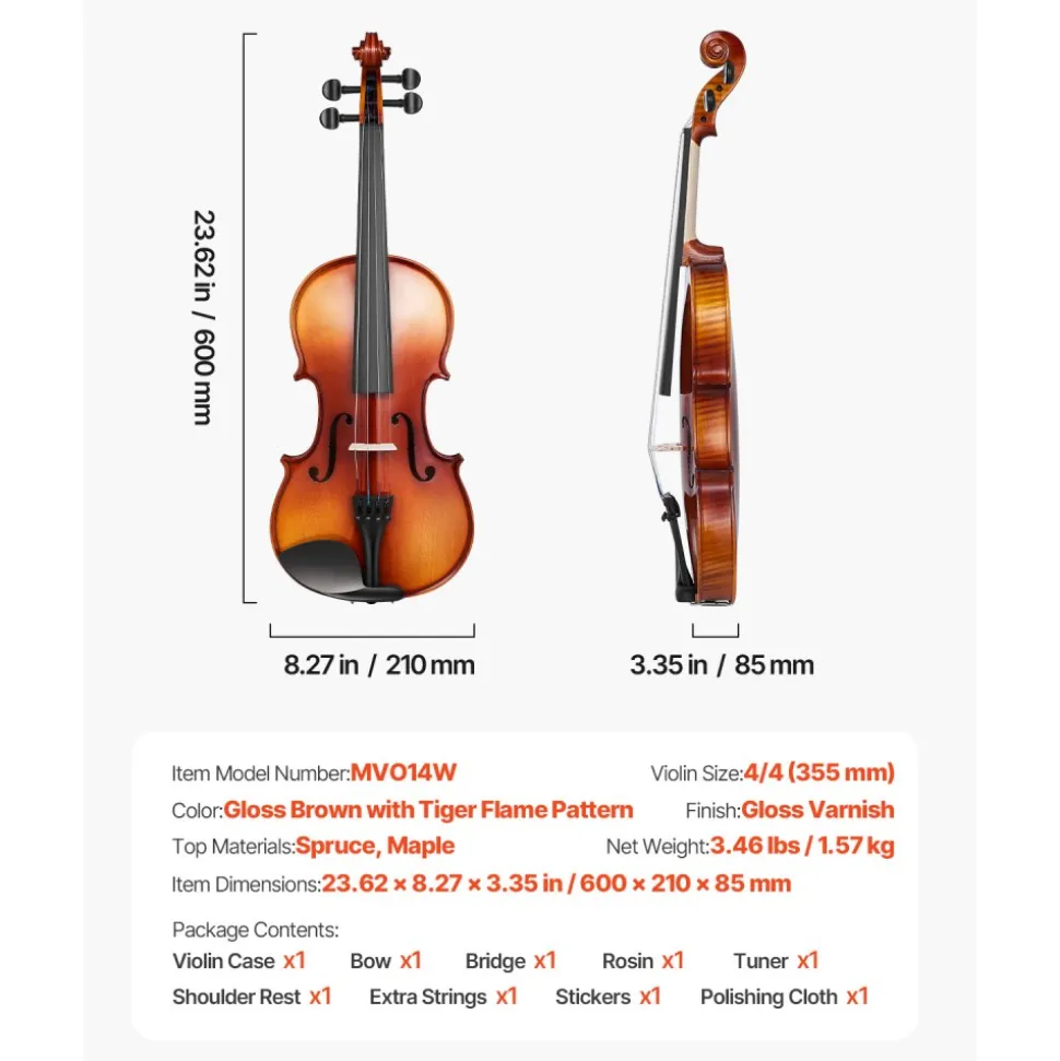VEVOR Violin 4/4 Full Size for Adults, Violin Fiddle Set for Beginners Student with Hard Case,Rosin, Bow,Shoulder Rest,Bridge,Extra Strings,Professional Solidwood Instrument (Glossy Brown Patterned)