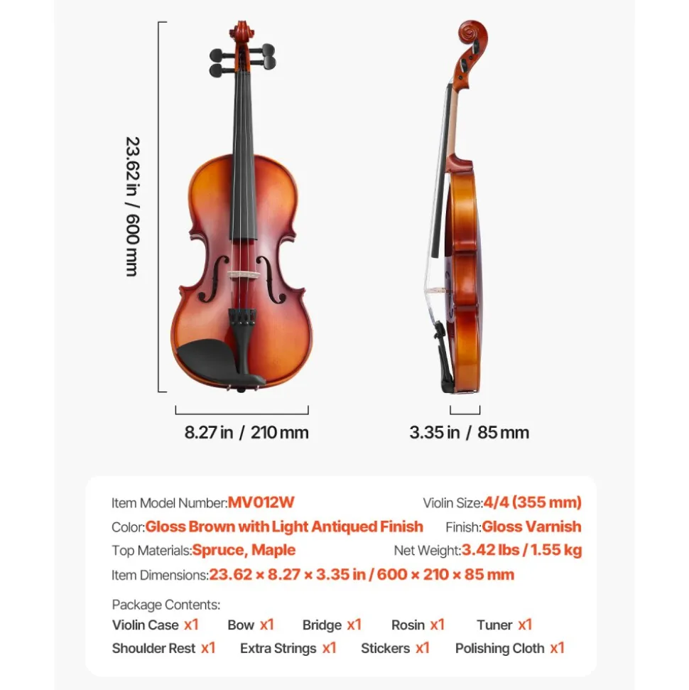 VEVOR Violin 4/4 Full Size for Adults, Violin Fiddle Set for Beginners Student with Hard Case,Rosin, Bow,Shoulder Rest,Bridge,Extra Strings,Professional Solidwood Instrument (Glossy Brown)