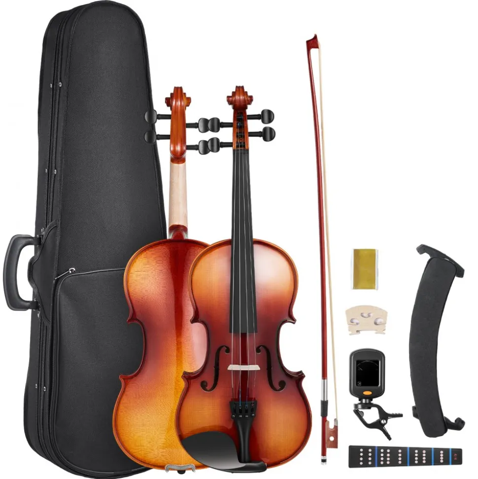 VEVOR Violin 4/4 Full Size for Adults, Violin Fiddle Set for Beginners Student with Hard Case,Rosin, Bow,Shoulder Rest,Bridge,Extra Strings,Professional Solidwood Instrument (Glossy Brown)