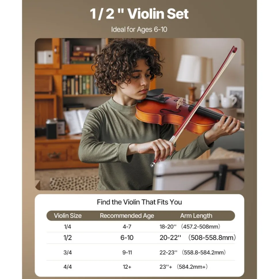 VEVOR Violin 1/2 Size for Adults, Violin Fiddle Set for Beginners Student with Hard Case, Rosin, Bow, Shoulder Rest,Bridge,Tuner and Extra Strings,Solidwood Professional Musical Instruments (Brown)