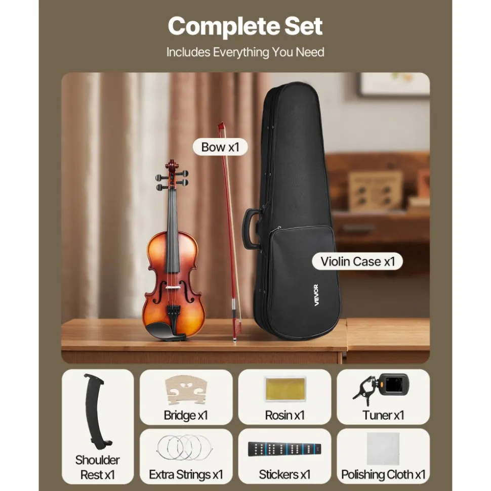 VEVOR Violin 1/2 Size for Adults, Violin Fiddle Set for Beginners Student with Hard Case, Rosin, Bow, Shoulder Rest,Bridge,Tuner and Extra Strings,Solidwood Professional Musical Instruments (Brown)