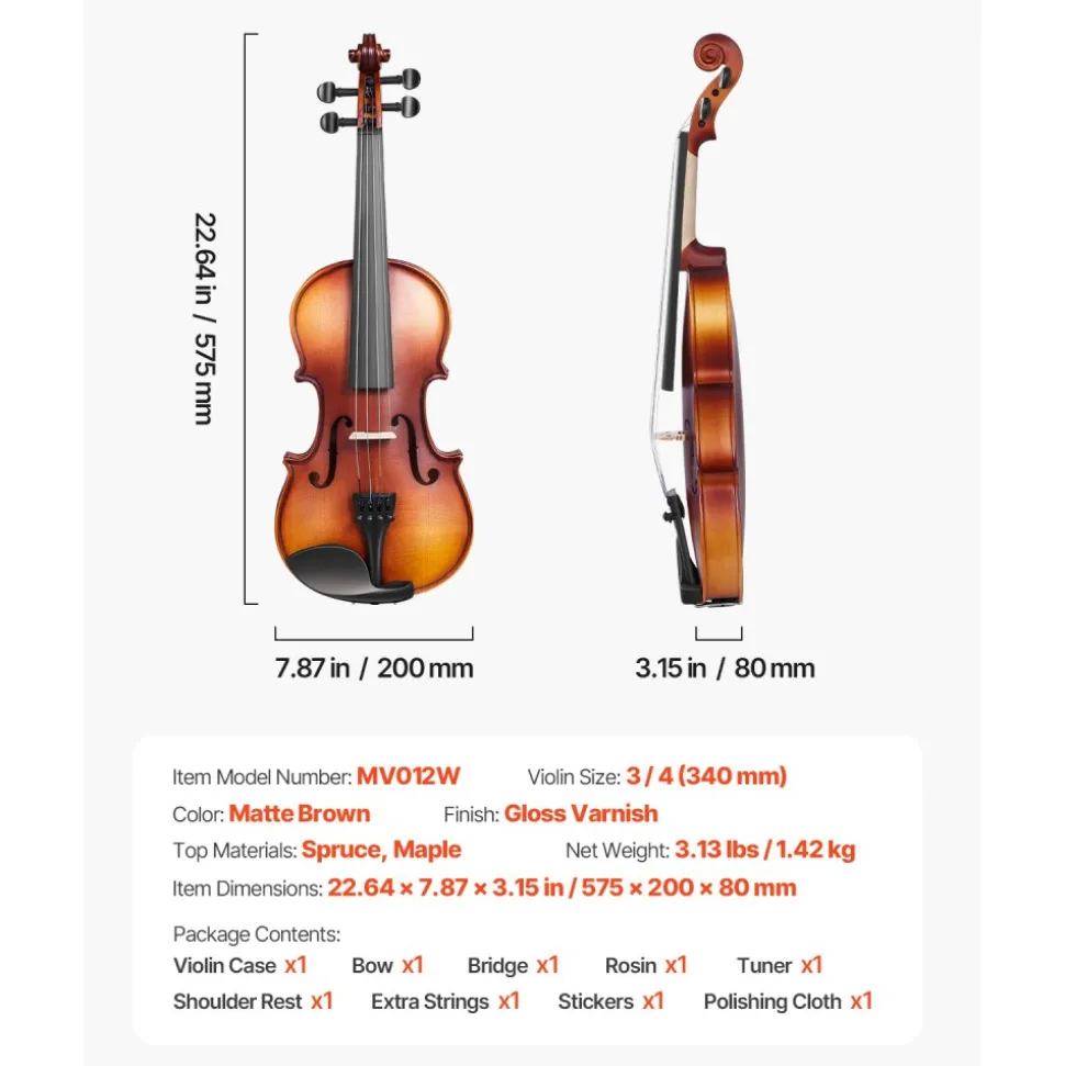 VEVOR Violin 3/4 Size for Adults, Violin Fiddle Set for Beginners Student with Hard Case, Rosin, Bow, Shoulder Rest,Bridge,Tuner and Extra Strings,Solidwood Professional Musical Instruments (Brown)