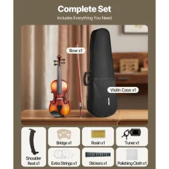 VEVOR Violin 3/4 Size for Adults, Violin Fiddle Set for Beginners Student with Hard Case, Rosin, Bow, Shoulder Rest,Bridge,Tuner and Extra Strings,Solidwood Professional Musical Instruments (Brown)