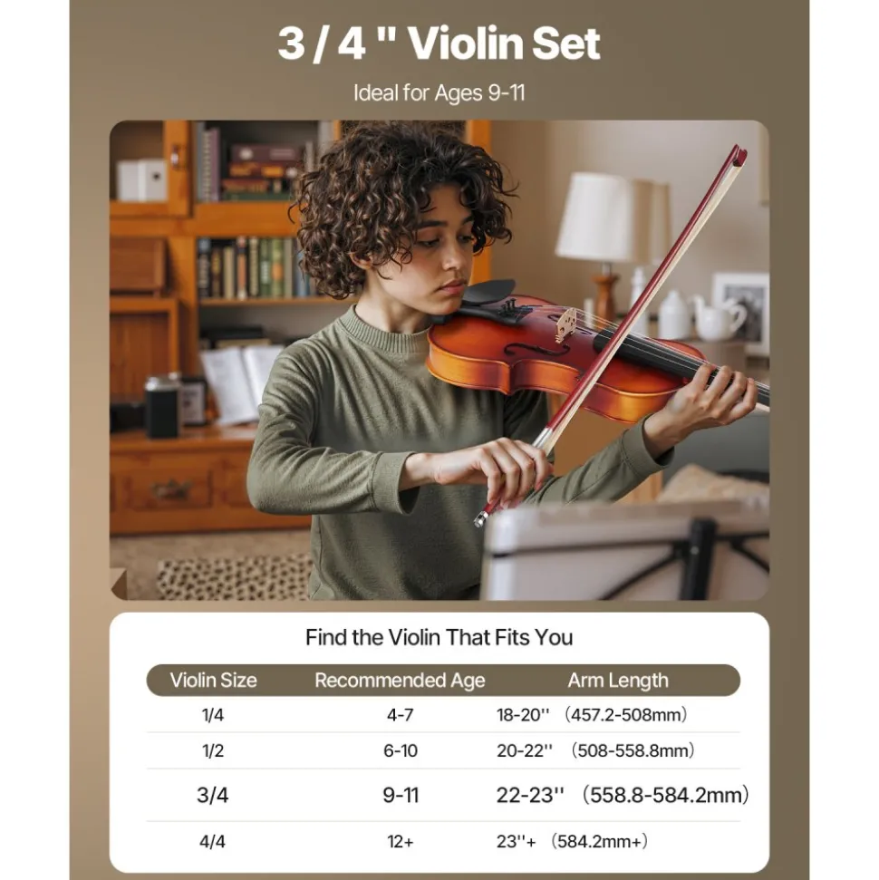 VEVOR Violin 3/4 Size for Adults, Violin Fiddle Set for Beginners Student with Hard Case, Rosin, Bow, Shoulder Rest,Bridge,Tuner and Extra Strings,Solidwood Professional Musical Instruments (Brown)
