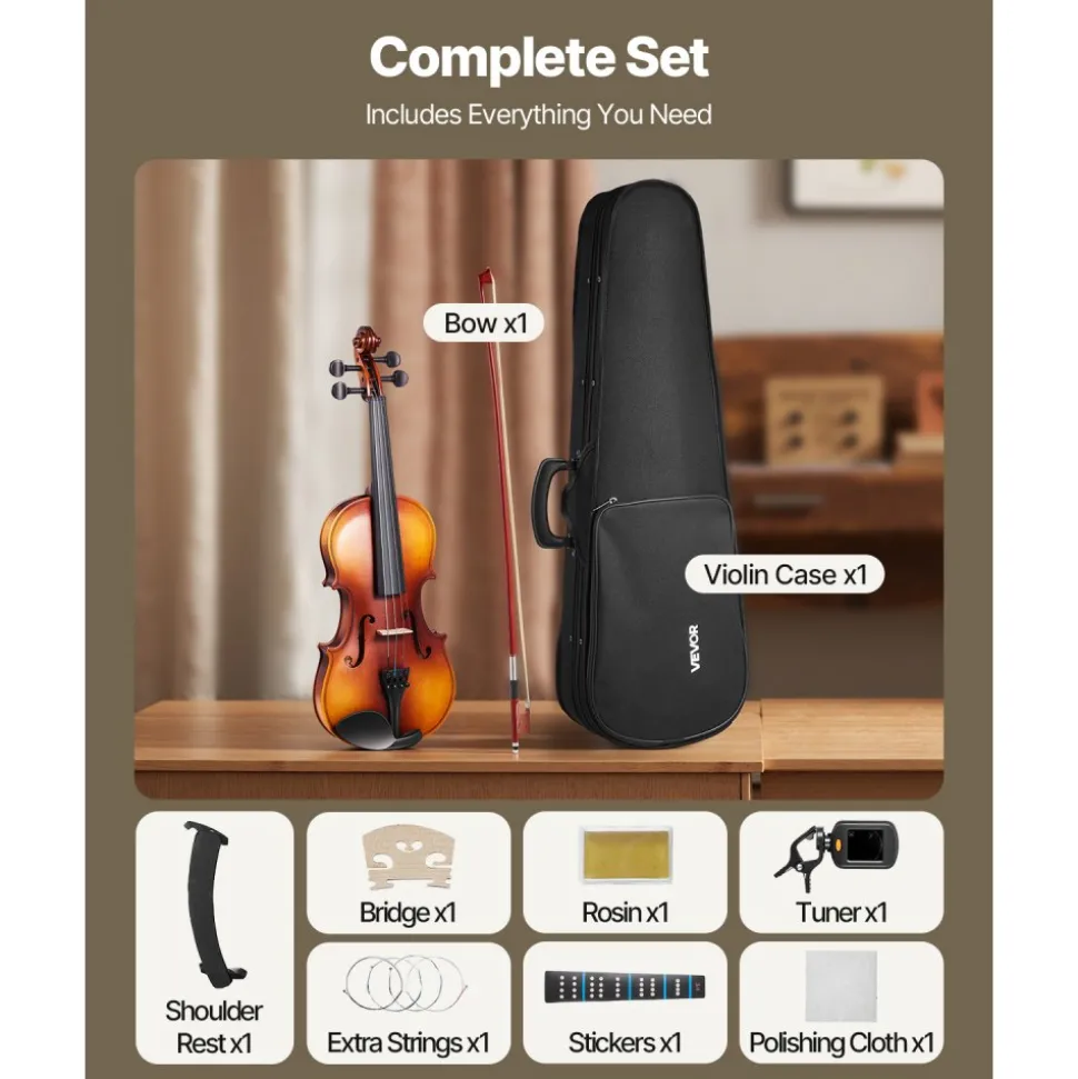 VEVOR Violin 3/4 Size for Adults, Violin Fiddle Set for Beginners with Hard Case, Rosin, Bow, Shoulder Rest, Bridge, Tuner and Extra Strings, Professional Musical Instruments for Student (Brown)