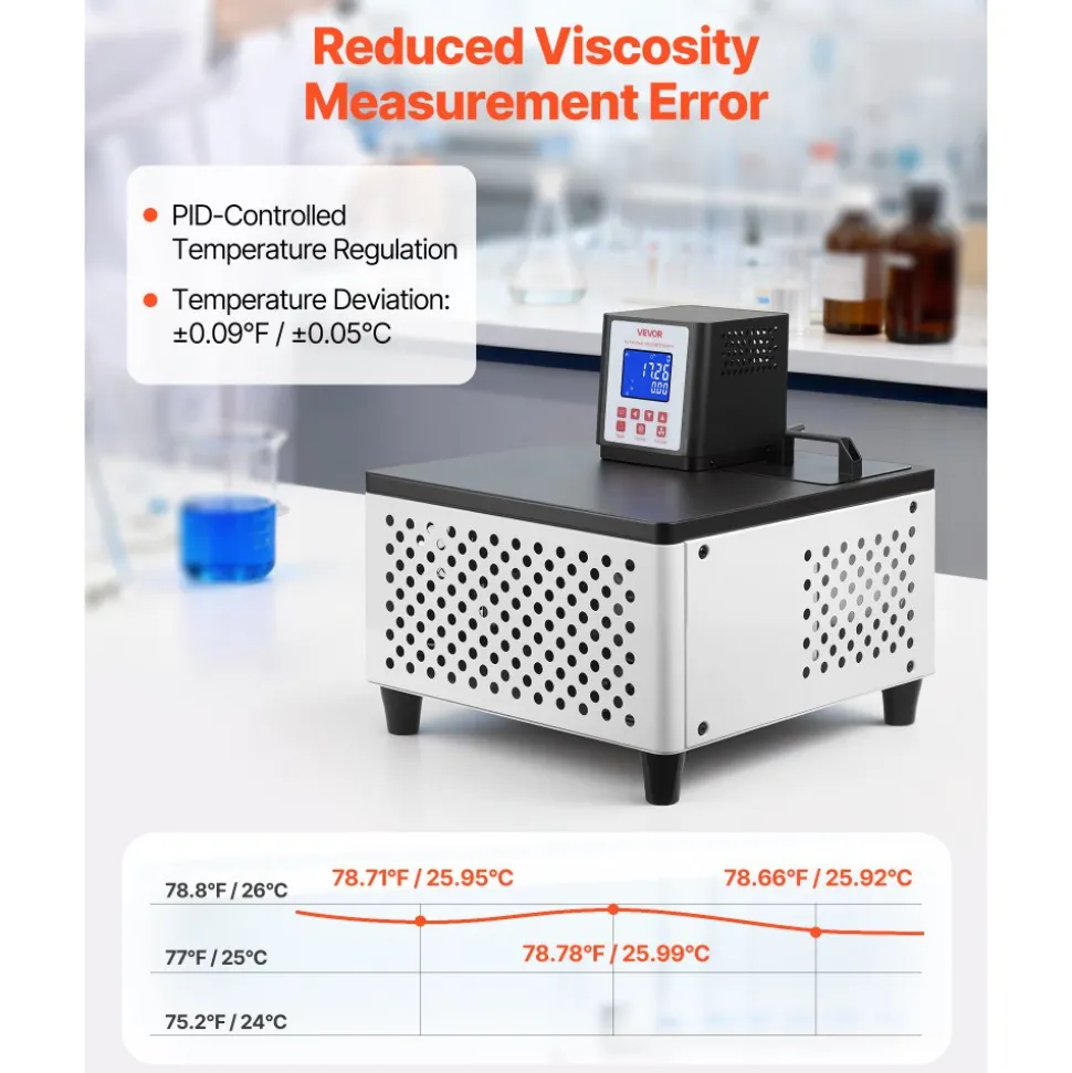 VEVOR Viscometer Water Bath, 23 to 212°F, 5.51" x 5.51" Tank, PID Temp Control, Thermostatic Water Circulating Bath with Internal and External Circulation, Fits Various Rotational Viscometers for Lab