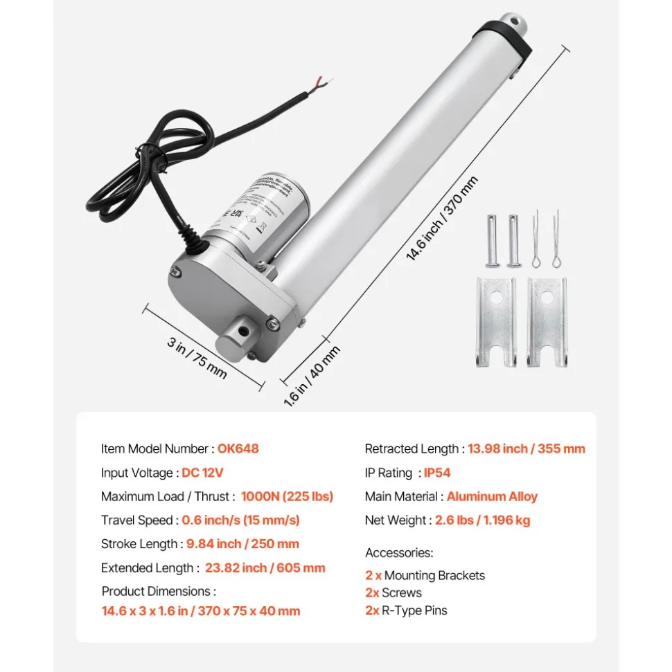 VEVOR 12V Linear Actuator, 9.84 Inch High Speed 0.6"/s Linear Motion Actuator, 225lbs/1000N with IP54 Protection & Mounting Bracket for Lift Desk, Recliner Chairs, Window Door Opener