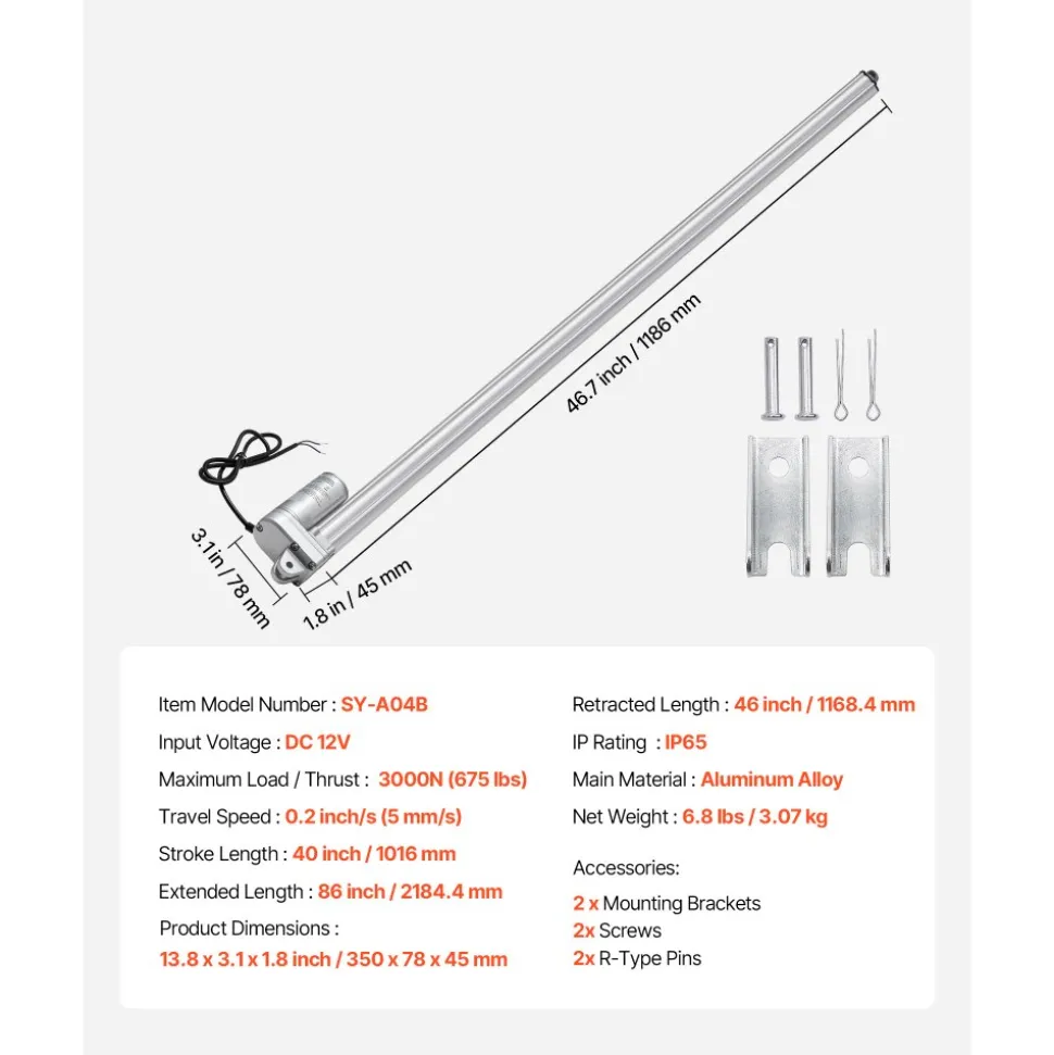 VEVOR 12V Linear Actuator, 12 Inch IP65 Waterproof Linear Actuator, 675lbs/3000N 0.2"/s Motion Actuators with Mounting Bracket for Outdoor Use