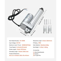 VEVOR 12V Linear Actuator, 4 Inch IP65 Waterproof Linear Actuator, 675lbs/3000N 0.2