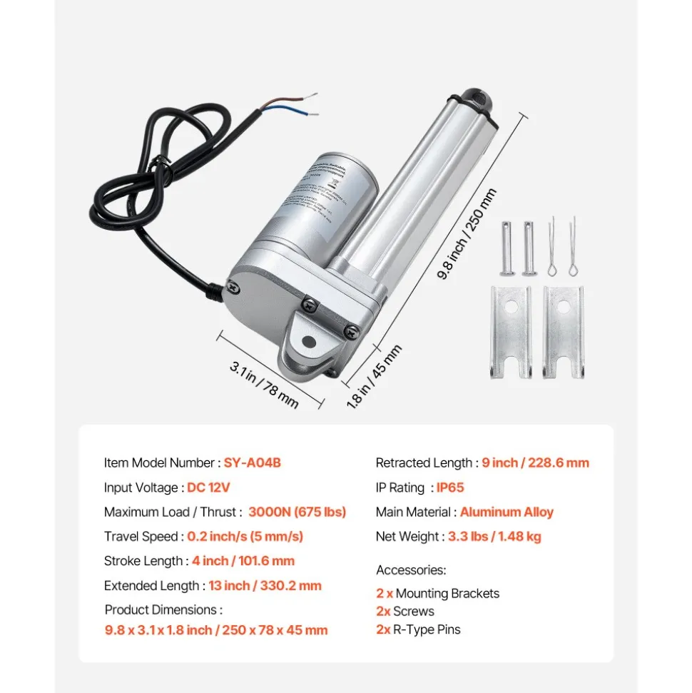 VEVOR 12V Linear Actuator, 4 Inch IP65 Waterproof Linear Actuator, 675lbs/3000N 0.2"/s Motion Actuators with Mounting Brackets for Outdoor Use