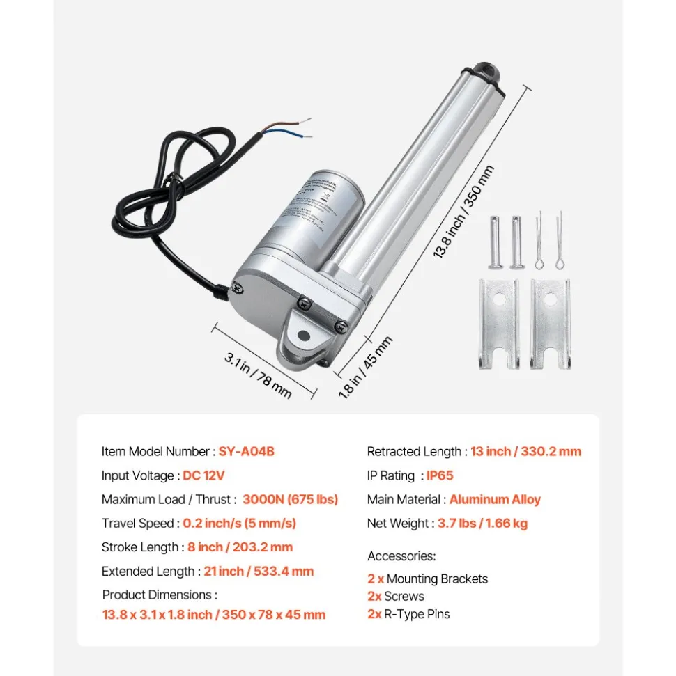 VEVOR 12V Linear Actuator, 8 Inch IP65 Waterproof Linear Actuator, 675lbs/3000N 0.2"/s Motion Actuators with Mounting Bracket for Outdoor Use
