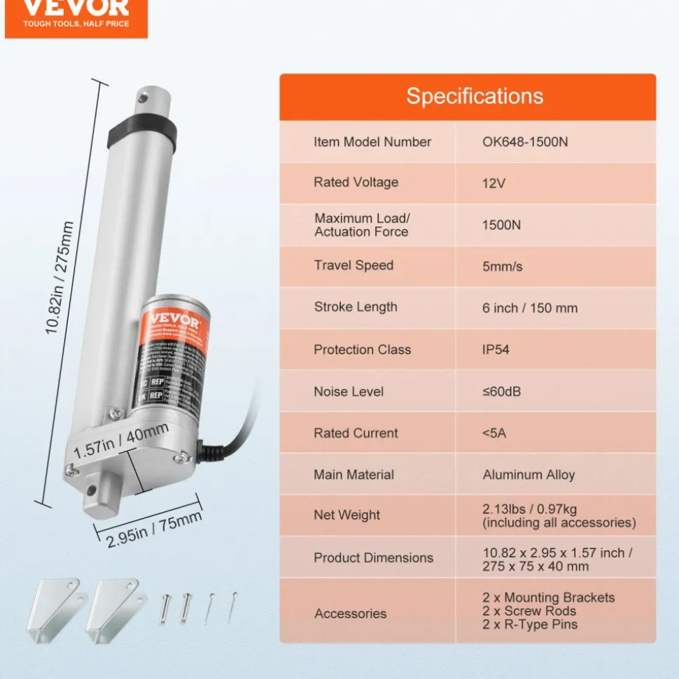 VEVOR 12V Linear Actuator - 6 Inch Stroke, High Load Capacity 330lbs with Mounting Bracket and IP54 Protection