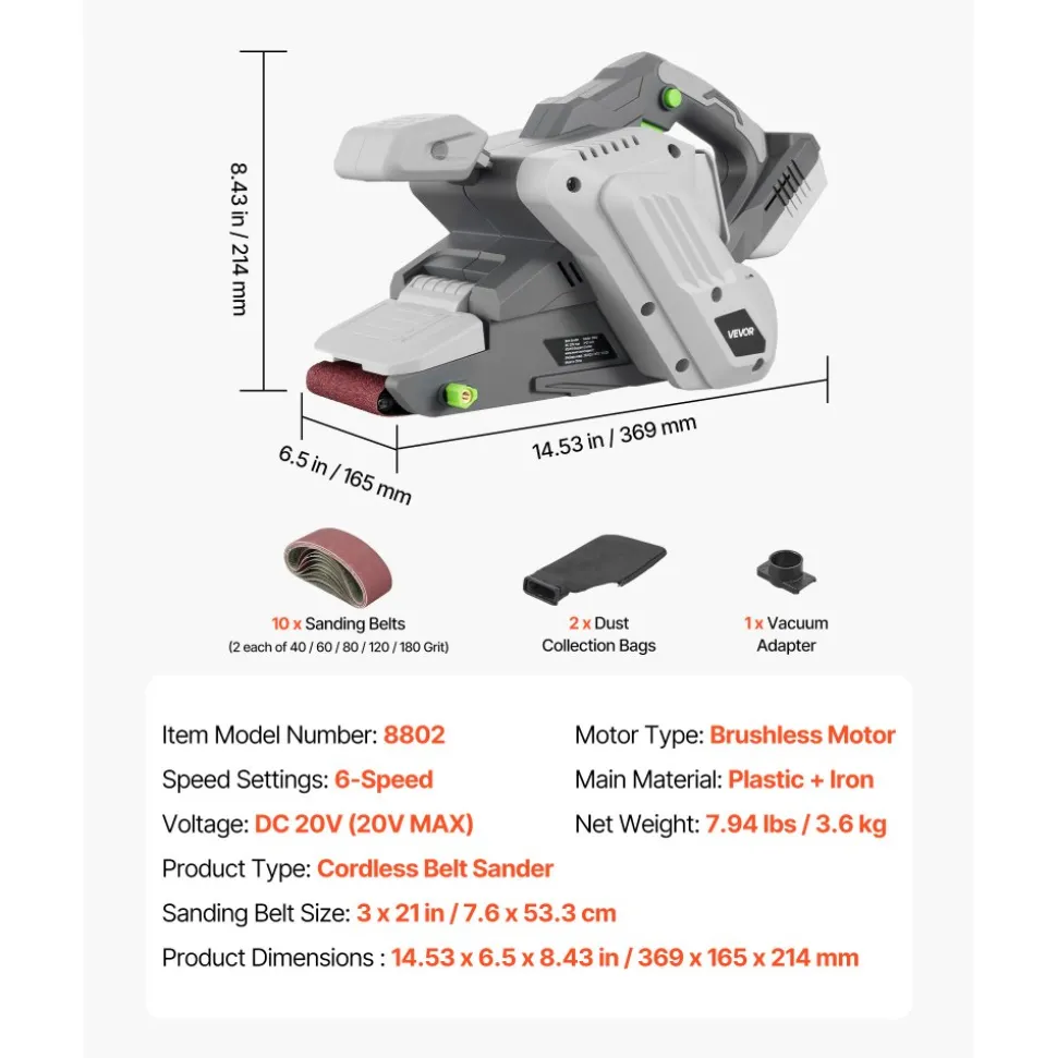 VEVOR 20V Max Cordless Belt Sander, 3" x 21" Belt Sander for Woodworking, 6 Variable Speeds Sanding Machine with 10PCS Sanding Belts, 2 Dust Bags & Vacuum Adapter (Battery NOT Included)