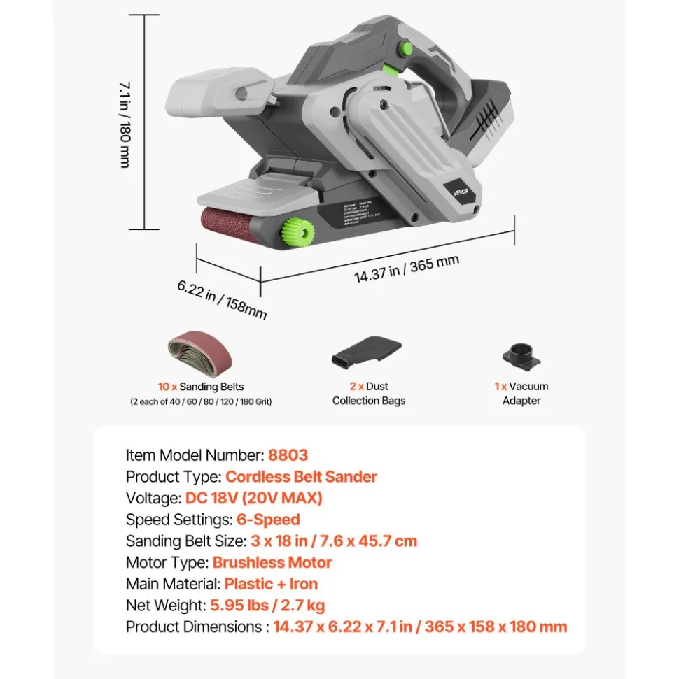 VEVOR 20V Max Cordless Belt Sander, 3" x 18" Belt Sander for Woodworking, 6 Variable Speeds Sanding Machine with 10PCS Sanding Belts, 2 Dust Bags & Vacuum Adapter (Battery NOT Included)