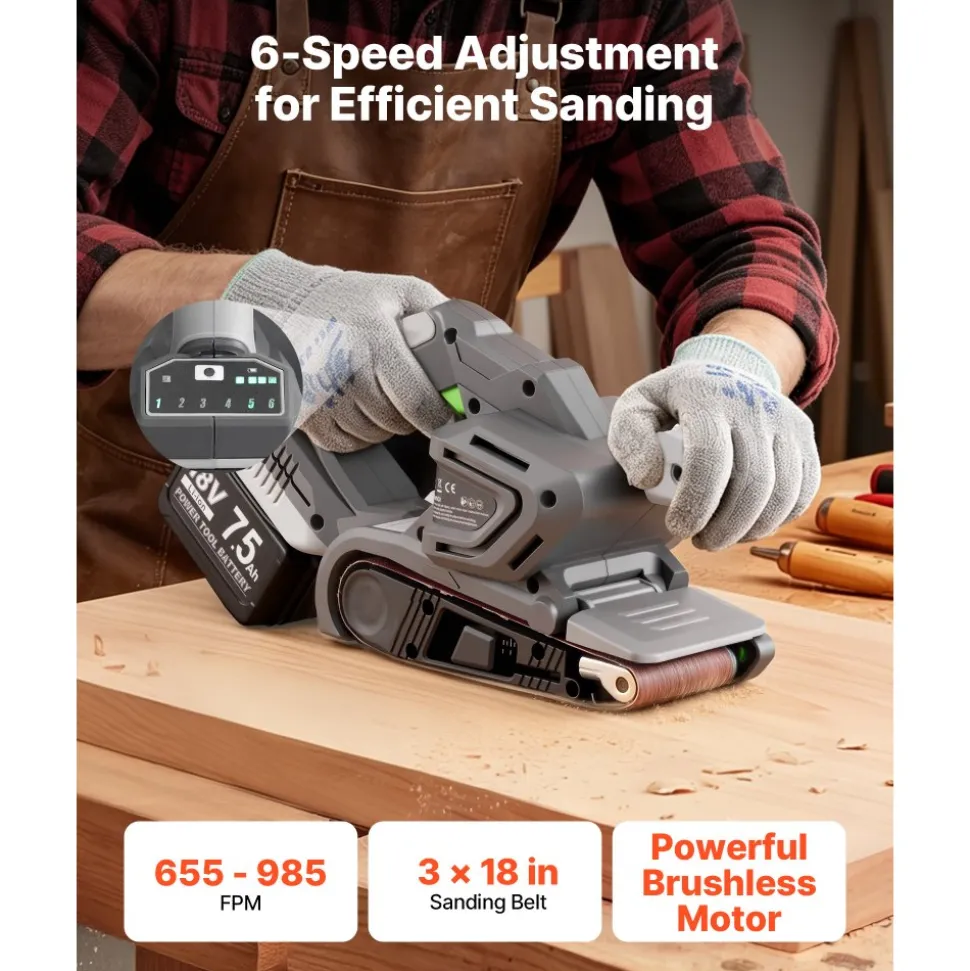VEVOR 20V Max Cordless Belt Sander, 3" x 18" Belt Sander for Woodworking, 6 Variable Speeds Sanding Machine with 10PCS Sanding Belts, 2 Dust Bags & Vacuum Adapter (Battery NOT Included)