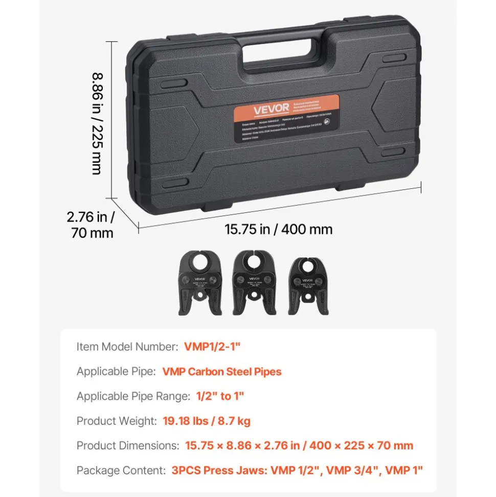 VEVOR VMP Press Jaws, 3PCS Pressing Jaws 1/2", 3/4" & 1" - Compatible with Megapress Carbon Steel Pipes, Work with 32KN Standard Press Tools, Includes Carrying Case