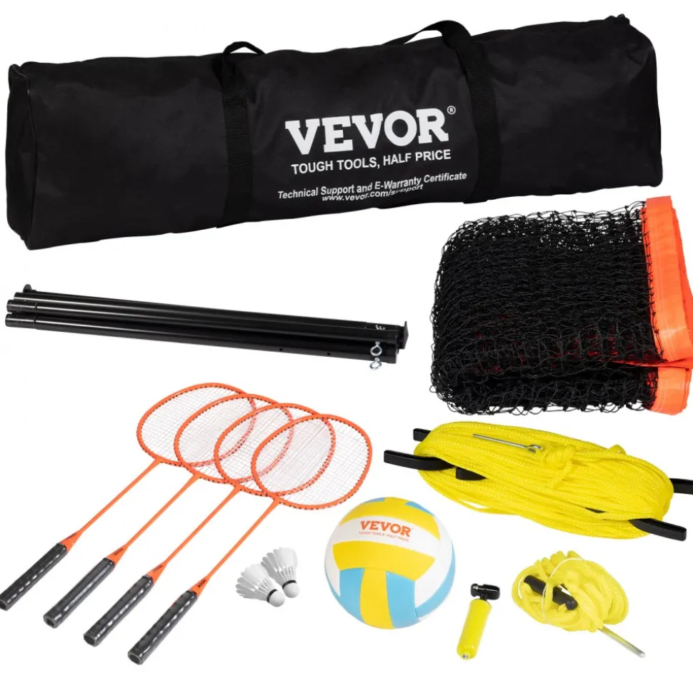 VEVOR Volleyball and Badminton Set, Outdoor Portable Badminton Net, Adjustable Height Steel Poles, Professional Combo Set with PVC Volleyball, Pump, Carrying Bag, Easy Setup for Backyard Beach Lawn